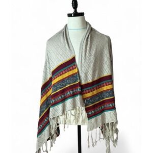 Noble‎ Boho Fringe Shawl Aztec Print Open Front Cardigan Cover Up Duster Layer